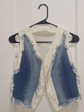 SHEIN Denim Vest Women Size M Blue White Frayed Button Front Sleeveless